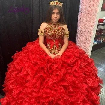 Raudona Prabanga Quinceanera Suknelės Kamuolys Suknelė Plius Dydis Maskuotis Meksikos 15 metų amžiaus Šešiolika Princesė Saldus 16 Prom Dress