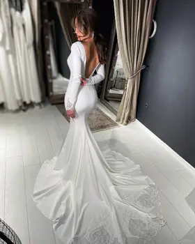 Paprasta Satino Vestuvių Suknelės 2022 Moterų Nėriniai ilgomis Rankovėmis Suknelė Elegantiškas-Line Paprasta Balta Nuotakos Suknelė chalatas de mariée