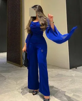 Klasikinis Ilgą Šifono Royal Blue Vakaro Suknelės-Line Jumpsuit Grindų Ilgis Plisuotos Abendkleider Rūbeliai de Soirée Moterims