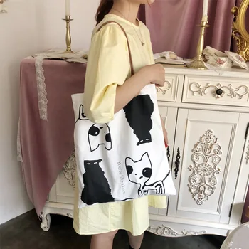 Youda Japonijos Katės Šunys Piešinius Moterų Canvas Tote Pečių Maišą Juoda Balta Crossbody Rankinėje Atsitiktinis Shopper Bags Cute Girl