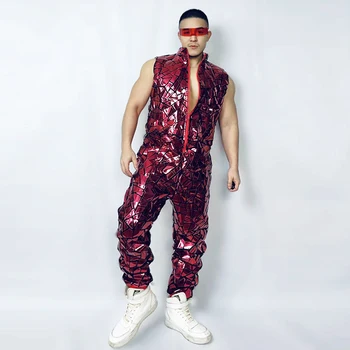 Raumenų Vyras Hip-Hop Dancewear naktinis klubas Gogo Šokių Kostiumas Suaugusiųjų Vyrų Raudona Veidrodis Blizgančiais Bodysuit Ašigalio Šokių Drabužius VDB4940