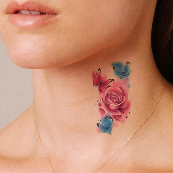 Akvarelė Gėlių Laikinos Tatuiruotės Lipdukas Netikrą Rose Butterfly Tatto Decal Vandeniui Kūno Menas Kaklo, Krūtinės, Rankos Tatoos Moterims