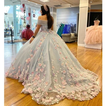 Vestidos De 15 Años Kamuolys Suknelė Quinceanera Suknelės 2022 Off Peties 3D Gėlių Puošnios Nėrinių-up Princesė Saldus 16 Prom Dress
