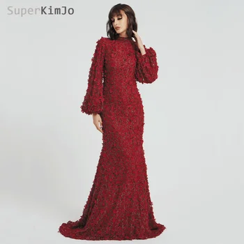 SuperKimJo ilgomis Rankovėmis Bordo Vakaro Suknelės Elegantiškas arabų Stiliaus Undinė 3D Gėlės Vakare Gown Chalatas De Soiree