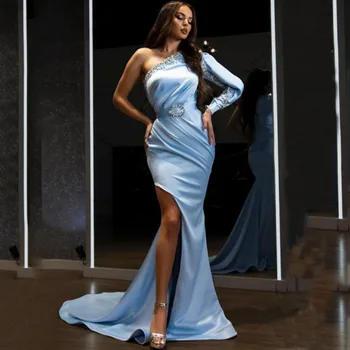 SoDigne Mėlyną, Vieną Petį Undinė Vakaro Dress Satino Oficialų Suknelė Ilgomis Rankovėmis Elegantiškas Blizgučiai China Karoliukai Šalis Suknelė