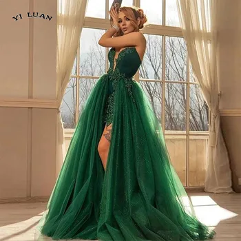 Green Lace Vakaro Suknelės 2022 Su Nuimamais Traukinio Appliques Stebėjimo Blizgančių Prom Šalis, Chalatai V Kaklo Vestidos De Fiesta