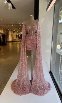 Prabanga Rožinės spalvos Trumpas Prom Dress Blizgančiais Karoliukais Vakarą Oficialių Sužadėtuvių Suknelės su Bžūp Rankovėmis arabų Dubajus Chalatas De Soiree