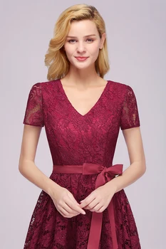 Elegantiškas V Kaklo Realios Foto Burgundy Lace Trumpą vakarinę Suknelę linijos, trumpomis Rankovėmis Vakare Gown chalatas de soiree