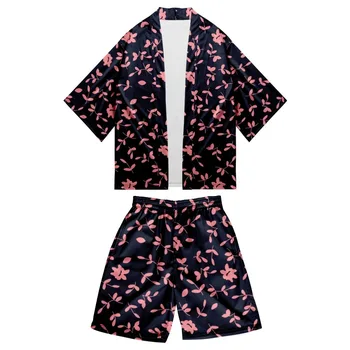 Pora Moterų, Vyrų Azijos Drabužių Harajuku Gėlių Spausdinti Japonų Kimono Atsitiktinis Laisvas Megztinis Ir Paplūdimio Šortai Rinkinys