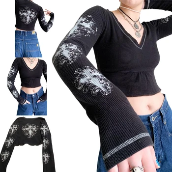Moterų Marškinėliai Moteriška Trikotažas Spausdinti Modelius V-Kaklo, Ilgomis Rankovėmis Apkarpyti Viršūnes Megztinis Rudenį Apranga Juoda Streetwear