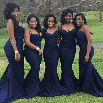 Apsvaiginimo Plius dydis Paprasta Nuotakos Prom Spagečiai Dirželiai Užtrauktukas Navy Blue Undinė Bridesmaid Dresses 2022