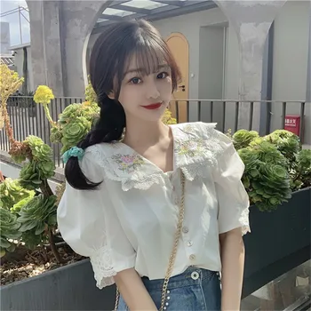 Korėjos Prašmatnus Vasaros Moterų Palaidinė Peter Pan Apykaklės Nėrinių Gėlių Siuvinėjimas, Marškinėliai, Elegantiškas, Mielas Kawaii Medvilnės Skalbiniai Lolita Blusas
