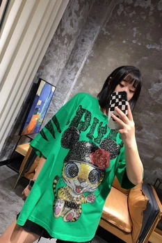 2022 m. Rudenį Naujų Prabangių drabužių Prekės ženklo Rose Žalia Trumpas Rankovės Medvilnės marškinėliai Moterims Streetwear Negabaritinių Tigras Karšto Viršūnes, kalnų krištolas
