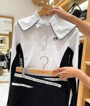 Korėjos originalus vieną golfo drabužių ponios Kontrasto spalvų mados ilgomis rankovėmis T-shirt lėlės apykaklės plonas odos draugiškas viršų