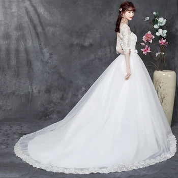 AnXin SH princesė gėlių balta nėrinių derliaus raukiniai v kaklo iliuzija pusė rankovės kamuolys suknelė nėrinių, nuotaka, vestuvinė suknelė