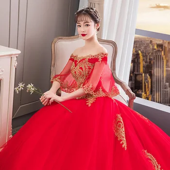 Saudo Arabija Vestuvių Suknelė Aukščiausios Kokybės Raudona Vestuvinės Suknelės Tiulio Organza su Aukso Gėlių Aplikacijos Teismas Traukinys