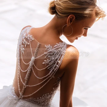 Gorgeous-A-Line Grindų Ilgis Tiulio Vestuvių Suknelės, Nėriniai Appliques Vien V-Kaklo, Blizgančiais Duobute Atgal Paplūdimio Vestuvių Suknelės 2021